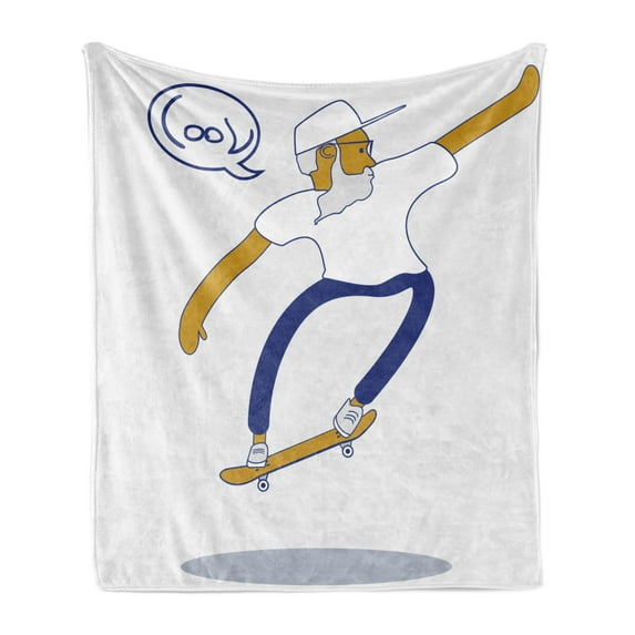 Indie Soft Flannel Fleece Blanket, Cool Hipster Old Man on Skateboard with Beard Sunglasses Urban Character, Cozy Plush for Indoor and Outdoor Use, 60" x 80", Pale Coffee Blue White, by Ambesonne