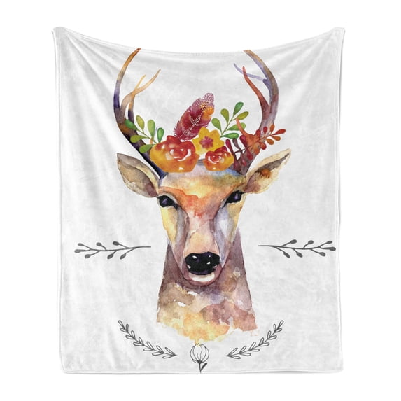 Indie Soft Flannel Fleece Blanket, Deer Portrait in Watercolor Painting Style Boho Flower Bouquet Hipster Rustic Artwork, Cozy Plush for Indoor and Outdoor Use, 50" x 70", Multicolor, by Ambesonne