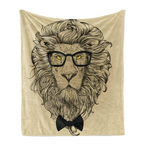 Indie Soft Flannel Fleece Blanket, Lion Character Portrait with Glasses and Bowtie Hipster Smart Cool Dandy, Cozy Plush for Indoor and Outdoor Use, 60" x 80", Sand Brown Black Yellow, by Ambesonne