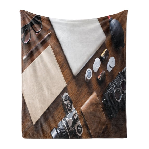 Indie Soft Flannel Fleece Blanket, Professional Set up for Photographers Designers Work Place Equipment on Table, Cozy Plush for Indoor and Outdoor Use, 60" x 80", Brown Beige Black, by Ambesonne