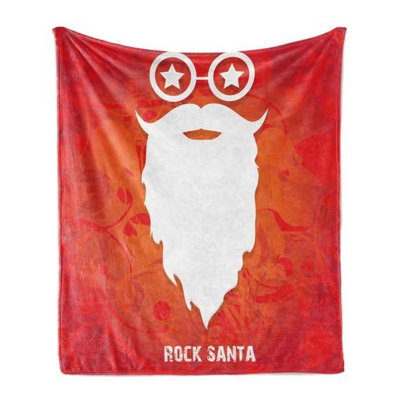 Indie Soft Flannel Fleece Blanket, Rock Santa Claus Christmas Theme Beard Silhouette and Round Glasses with Stars, Cozy Plush for Indoor and Outdoor Use, 50" x 70", Red Orange White, by Ambesonne