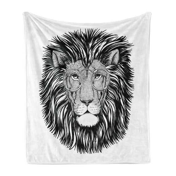 Indie Soft Flannel Fleece Blanket, Wild Hipster Lion with Glasses Wise Big Cat Clever Intelligent Animal Portrait, Cozy Plush for Indoor and Outdoor Use, 60" x 80", Black and White, by Ambesonne