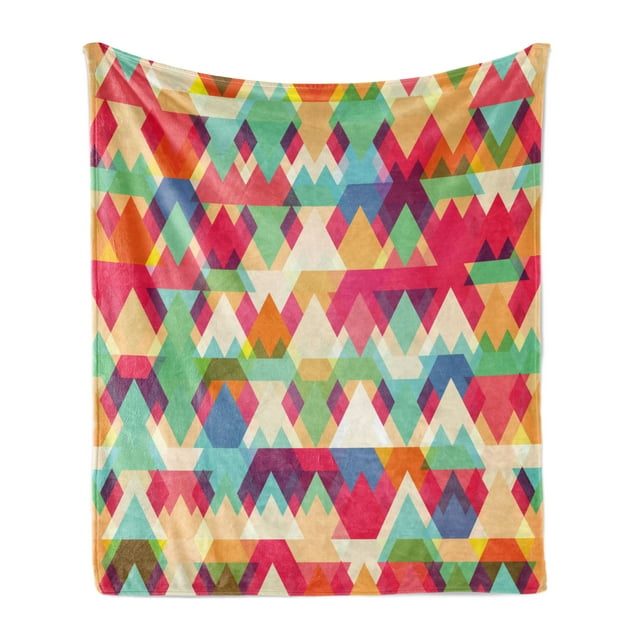 Indie Soft Flannel Fleece Throw Blanket, Abstract Vibrant Colorful Triangles Overlap Geometric Design with Display, Cozy Plush for Indoor and Outdoor Use, 60" x 80", Multicolor, by Ambesonne