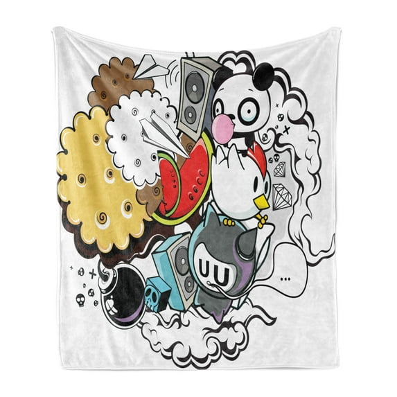Indie Soft Flannel Fleece Throw Blanket, Animal and Food Themed Composition Crazy Doodle Panda Bird Cat Watermelon, Cozy Plush for Indoor and Outdoor Use, 50" x 60", Multicolor, by Ambesonne