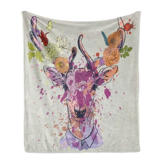 Indie Soft Flannel Fleece Throw Blanket, Colorful Deer Portrait with Color Splashes and Various Flowers on the Horns, Cozy Plush for Indoor and Outdoor Use, 70" x 90", Multicolor, by Ambesonne