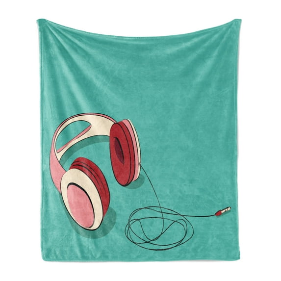 Indie Soft Flannel Fleece Throw Blanket, Cool Pink Retro Headphones Listening to Music Theme Grunge Equipment, Cozy Plush for Indoor and Outdoor Use, 50" x 60", Turquoise Ruby Pale Pink, by Ambesonne
