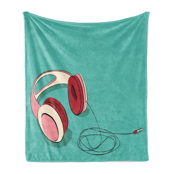 Indie Soft Flannel Fleece Throw Blanket, Cool Pink Retro Headphones Listening to Music Theme Grunge Equipment, Cozy Plush for Indoor and Outdoor Use, 60" x 80", Turquoise Ruby Pale Pink, by Ambesonne