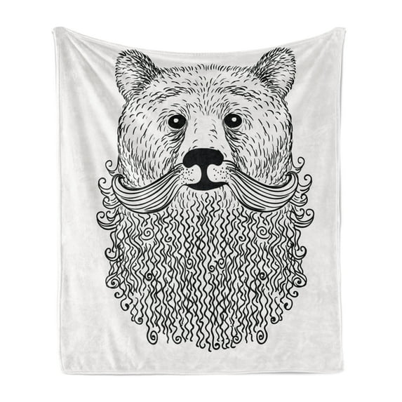 Indie Soft Flannel Fleece Throw Blanket, Doodle Style Sketch Bear Portrait with Curly Beard and Mustache Cool Animal, Cozy Plush for Indoor and Outdoor Use, 60" x 80", Black White, by Ambesonne
