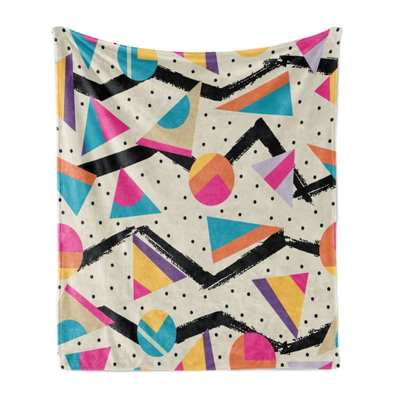 Indie Soft Flannel Fleece Throw Blanket, Eighties Memphis Fashion Style Geometric Abstract Colorful Design Dots Funky, Cozy Plush for Indoor and Outdoor Use, 50" x 70", Multicolor, by Ambesonne