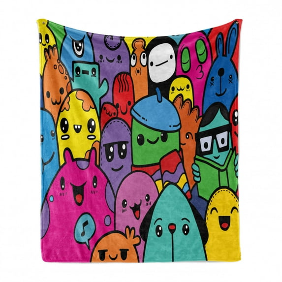 Indie Soft Flannel Fleece Throw Blanket, Hand Drawn Colorful Doodle of Funny Crazy Monster Buddies Group Drawing Style, Cozy Plush for Indoor and Outdoor Use, 60" x 80", Multicolor, by Ambesonne