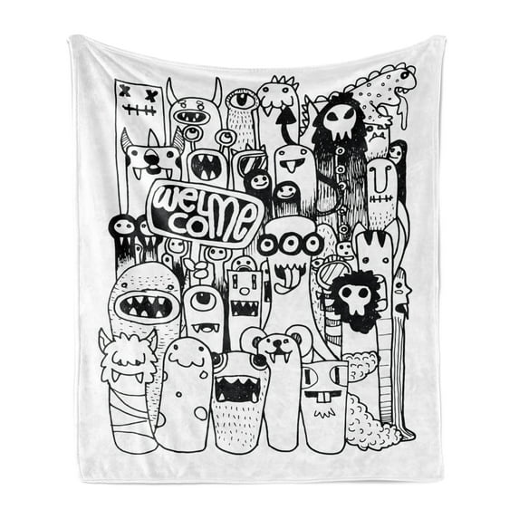 Indie Soft Flannel Fleece Throw Blanket, Hand Drawn Doodle Style Cartoon Monsters Welcoming Community Funny Crazy, Cozy Plush for Indoor and Outdoor Use, 60" x 80", Black and White, by Ambesonne