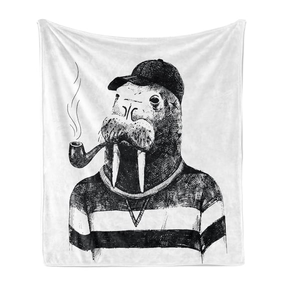 Indie Soft Flannel Fleece Throw Blanket, Hand Drawn Dressed up Walrus Animal Long Teeth Smoking Antromorphic Sketch Art, Cozy Plush for Indoor and Outdoor Use, 60" x 80", White Black, by Ambesonne
