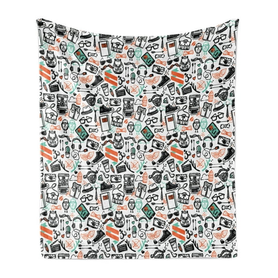 Indie Soft Flannel Fleece Throw Blanket, Hipster Fashion Themed Pattern Clothing Accessories and Sketchy Art, Cozy Plush for Indoor and Outdoor Use, 60" x 80", Seafoam Orange Black, by Ambesonne