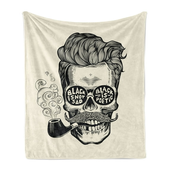 Indie Soft Flannel Fleece Throw Blanket, Hipster Gentleman Skull with Mustache and Eyeglasses with Inscription Vintage, Cozy Plush for Indoor and Outdoor Use, 50" x 60", Black Cream, by Ambesonne