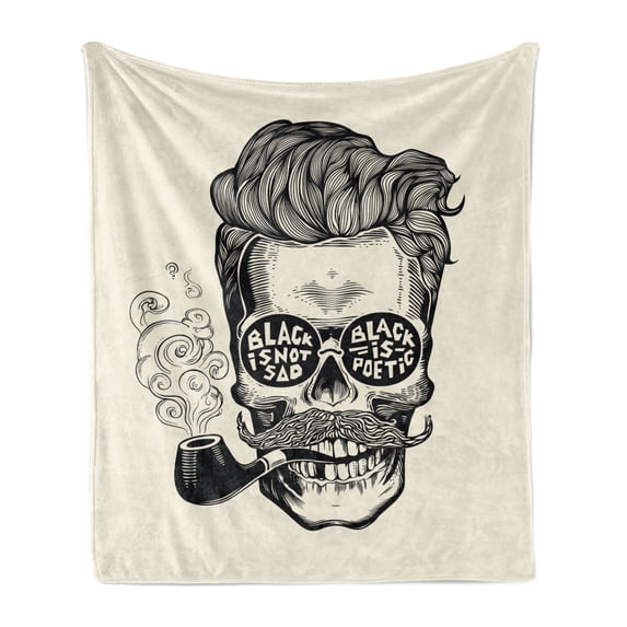 Indie Soft Flannel Fleece Throw Blanket, Hipster Gentleman Skull with Mustache and Eyeglasses with Inscription Vintage, Cozy Plush for Indoor and Outdoor Use, 60" x 80", Black Cream, by Ambesonne
