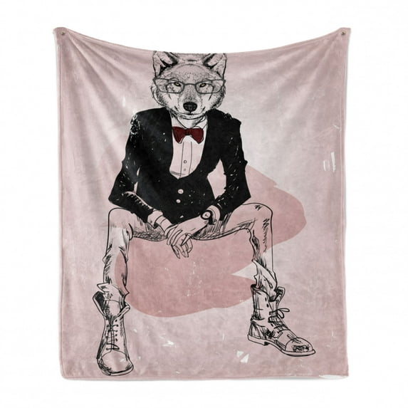 Indie Soft Flannel Fleece Throw Blanket, Hipster Portrait of Sitting Wild Wolf Glasses Smart Casual Outfit, Cozy Plush for Indoor and Outdoor Use, 50" x 70", Baby Pink Black Burgundy, by Ambesonne