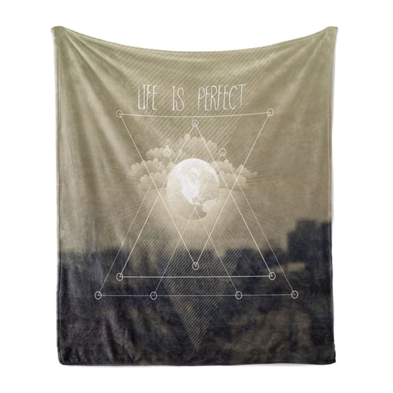Indie Soft Flannel Fleece Throw Blanket, Life Is Perfect Inspirational Geometric Triangles Cityscape Clouds Earth, Cozy Plush for Indoor and Outdoor Use, 70" x 90", Tan Dark Taupe White, by Ambesonne