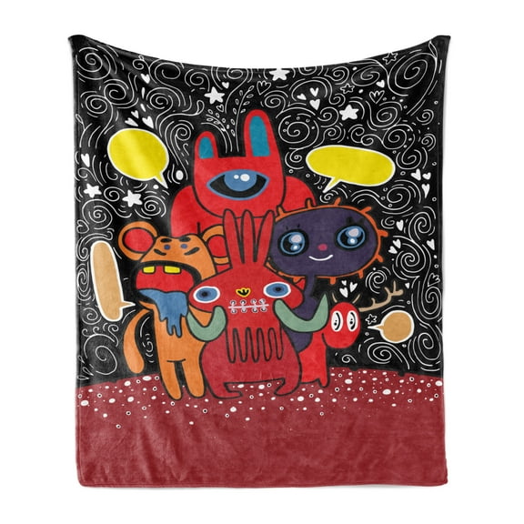 Indie Soft Flannel Fleece Throw Blanket, Monster City Theme Funny Characters with Speech Bubbles Floral Swirls Hearts Stars, Cozy Plush for Indoor and Outdoor Use, 50" x 70", Multicolor, by Ambesonne
