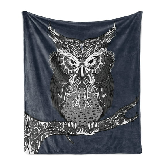 Indie Soft Flannel Fleece Throw Blanket, Owl with Vintage Style Ornaments Wisdom Creature of Night, Cozy Plush for Indoor and Outdoor Use, 50" x 60", Charcoal Grey Dark Blue, by Ambesonne
