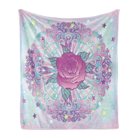 Indie Soft Flannel Fleece Throw Blanket, Psychedelic Mandala Inspired Round Rose 80s 90s Retro Vintage Vibrant, Cozy Plush for Indoor and Outdoor Use, 50" x 70", Pale Blue Lavender, by Ambesonne