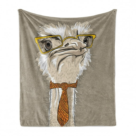 Indie Soft Flannel Fleece Throw Blanket, Sketch Portrait of Funny Modern Ostrich Bird Eyeglasses and Tie Hipster, Cozy Plush for Indoor and Outdoor Use, 50" x 60", Taupe Beige Yellow, by Ambesonne