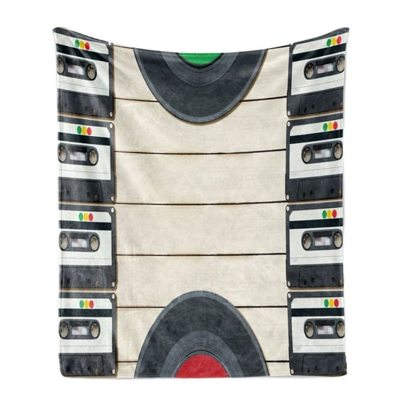Indie Soft Flannel Fleece Throw Blanket, Top View of Audio Cassettes Gramophone Records Old School Retro Music Theme, Cozy Plush for Indoor and Outdoor Use, 70" x 90", Black White Cream, by Ambesonne