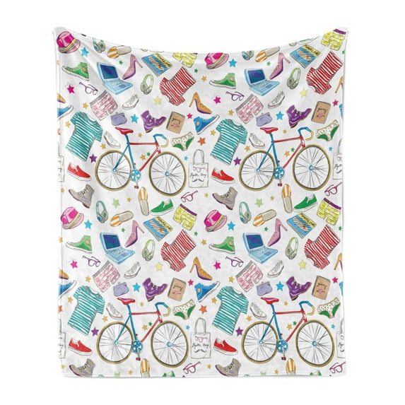 Indie Soft Flannel Fleece Throw Blanket, Urban Hipster Accessories Pattern Colorful Doodle Clothes Shoes Computers Bicycles, Cozy Plush for Indoor and Outdoor Use, 50" x 60", Multicolor, by Ambesonne
