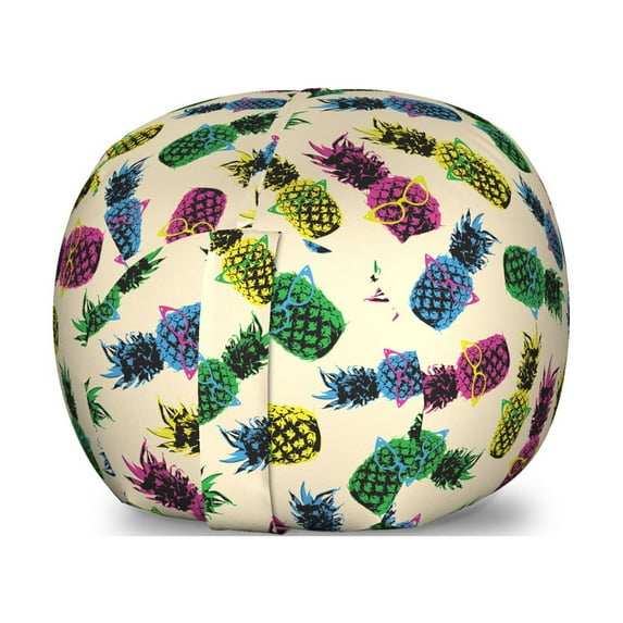Indie Storage Toy Bag Chair, Retro 80s Summer Pattern Tropical Fruit Pineapple Vintage Glasses in Vibrant Colors, Stuffed Animal Organizer Washable Bag, Small Size, Multicolor, by Ambesonne