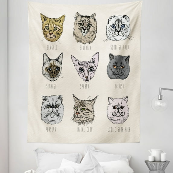 Indie Tapestry, Different Breeds Cat Portraits in Doodle Style and Funny Animals Kittens, Fabric Wall Hanging Decor for Bedroom Living Room Dorm, 5 Sizes, Tan Beige Taupe, by Ambesonne