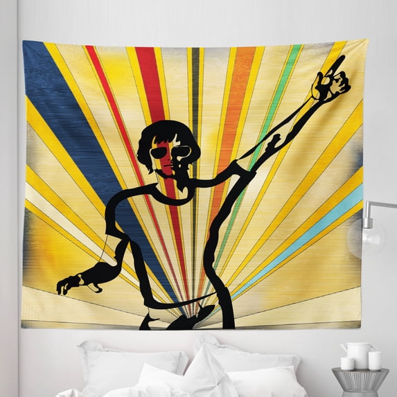 Indie Tapestry, Retro Style DJ Man on Radial Background Entertainment Nightclub Disco Party Music, Fabric Wall Hanging Decor for Bedroom Living Room Dorm, 5 Sizes, Multicolor, by Ambesonne