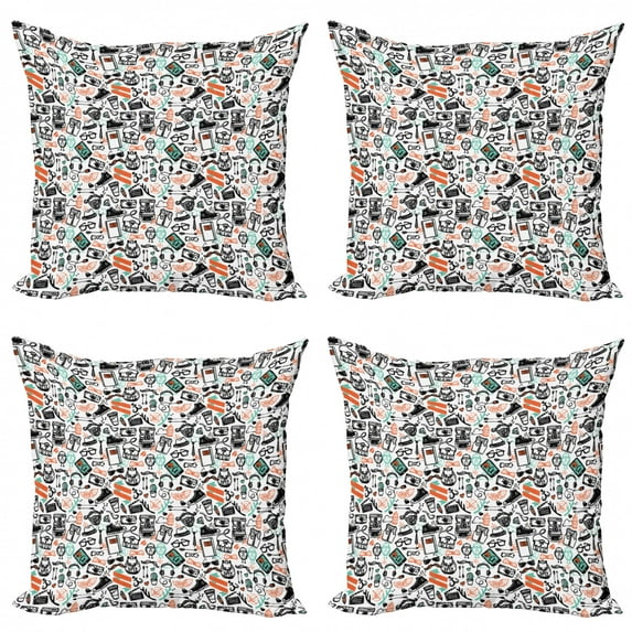Ambesonne Indie Throw Pillow Cover 4 Pack, Hipster Fashion Sketch, 20", Seafoam Orange Black