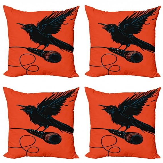 Ambesonne Indie Throw Pillow Cover 4 Pack, Raven with Microphone, 16", Orange Black Blue