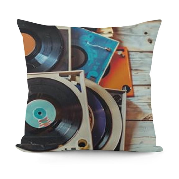 Indie Throw Pillow Cushion Cover, Gramophone Records and Old Audio Cassettes on Wooden Table Nostalgia Music, Decorative Square Accent Pillow Case,  Blue Orange Black
