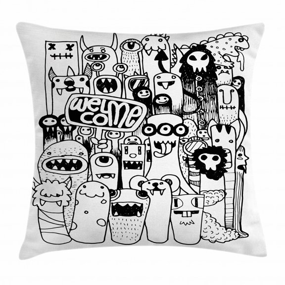 Indie Throw Pillow Cushion Cover, Hand Drawn Doodle Style Cartoon Figures Monsters Welcoming Community Funny Crazy, Decorative Square Accent Pillow Case, 18 X 18 Inches, Black and White, by Ambesonne