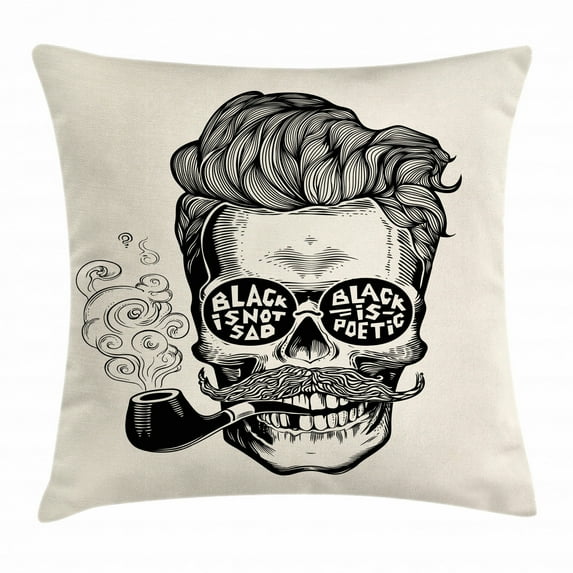 Indie Throw Pillow Cushion Cover, Hipster Gentleman Skull with Mustache Pipe and Eyeglasses with Inscription Vintage, Decorative Square Accent Pillow Case, 16 X 16 Inches, Black Cream, by Ambesonne