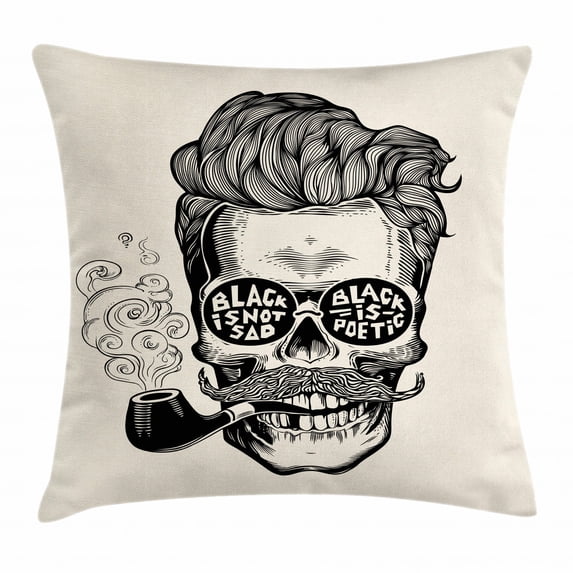 Indie Throw Pillow Cushion Cover, Hipster Gentleman Skull with Mustache Pipe and Eyeglasses with Inscription Vintage, Decorative Square Accent Pillow Case, 18 X 18 Inches, Black Cream, by Ambesonne
