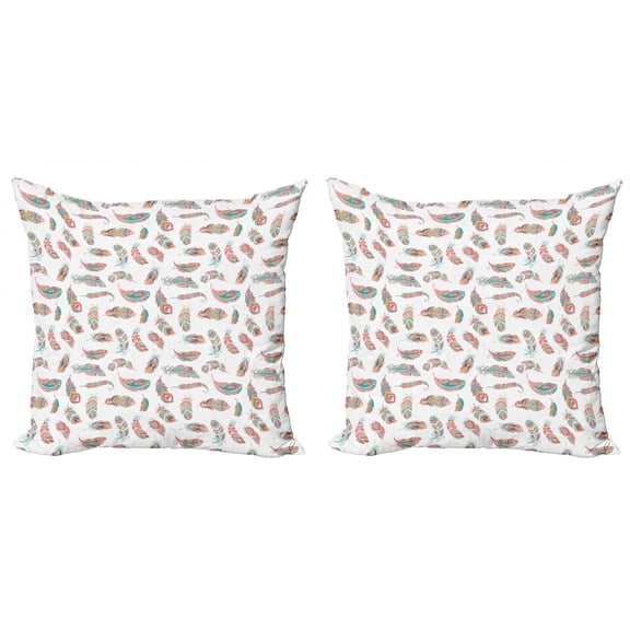 Ambesonne Indie Throw Pillow Cover 2 Pack, Bohemian Pastel Feather Motif, 20", Turquoise Pale Pink