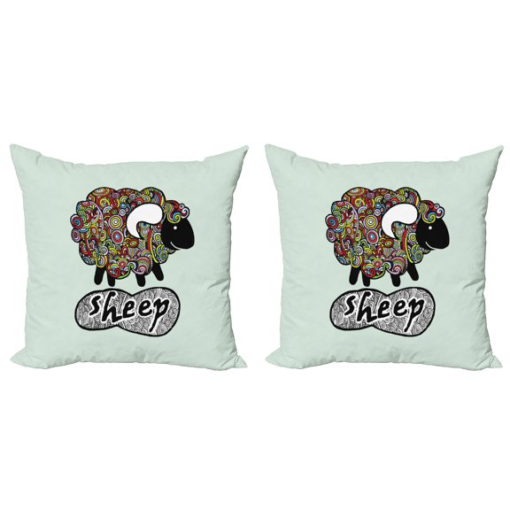 Ambesonne Indie Throw Pillow Cover 2 Pack, Hipster Doodle Fun Sheep, 24", Multicolor