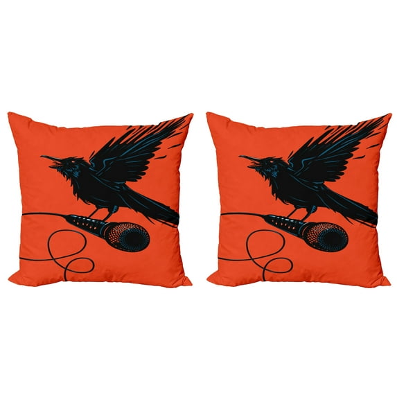 Ambesonne Indie Throw Pillow Cover 2 Pack, Raven with Microphone, 18", Orange Black Blue