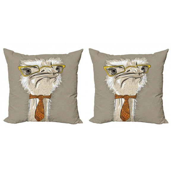 Ambesonne Indie Throw Pillow Cover 2 Pack, Funny Hipster Ostrich, 20", Taupe Beige Yellow