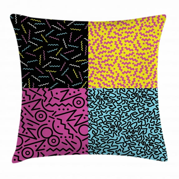 Indie Throw Pillow Cushion Cover, Set of Vintage Eighties Fashion Style Patterns Colorful Funky Pop Unusual Doodles, Decorative Square Accent Pillow Case, 24 X 24 Inches, Multicolor, by Ambesonne