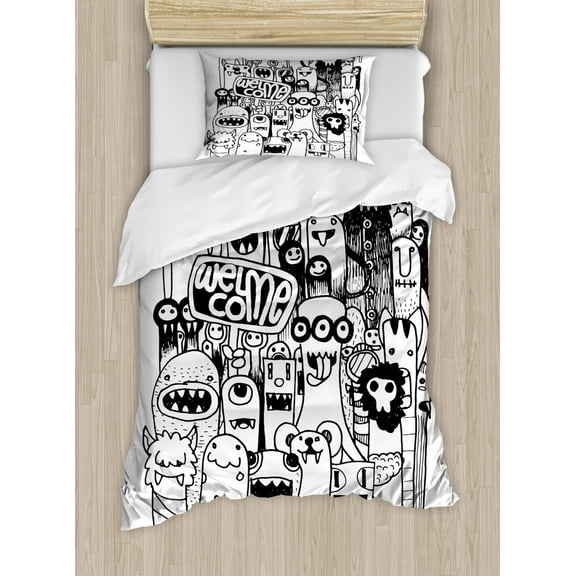Indie Twin Size Duvet Cover Set, Hand Drawn Doodle Style Cartoon Figures Monsters Welcoming Community Funny Crazy, Decorative 2 Piece Bedding Set with 1 Pillow Sham, Black and White, by Ambesonne