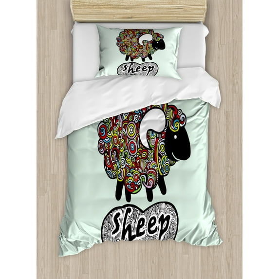 Indie Twin Size Duvet Cover Set, Hipster Doodle Funny Sheep with Colorful Spiral Swirls Drawing Style Comic Country, Decorative 2 Piece Bedding Set with 1 Pillow Sham, Multicolor, by Ambesonne