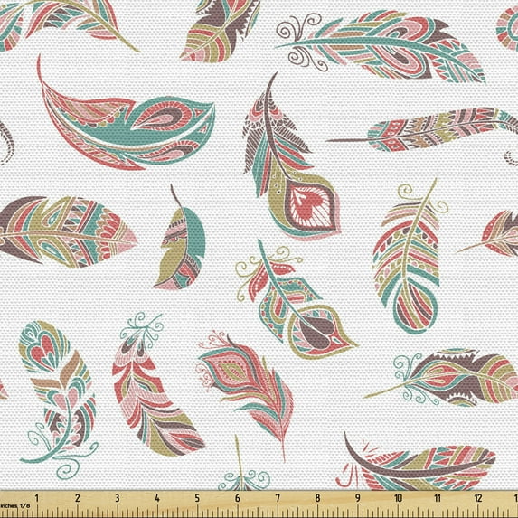 Ambesonne Indie Fabric by the Yard Upholstery, Bohemian Pastel Feather Motif, 1 Yard, Turquoise Pale Pink