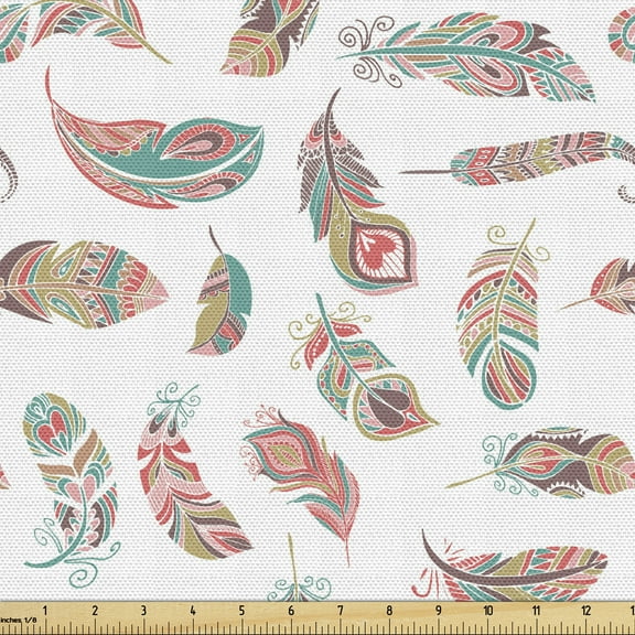 Ambesonne Indie Fabric by the Yard Upholstery, Bohemian Pastel Feather Motif, 2 Yards, Turquoise Pale Pink