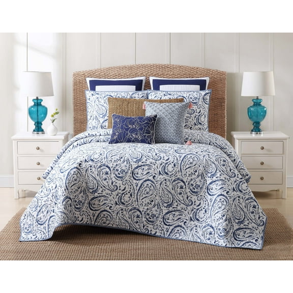 Indienne Paisley Navy and White Cotton 3-Piece Full/Queen Quilt Set, floral themed, for Men and Women, OEKO-TEX Certified Confidence