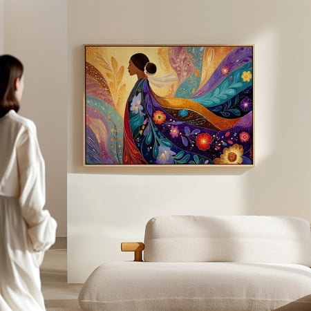 Indigenous Woman Wall Art Poster Floral Shawl And Feather In Hair , Poster Print Only
