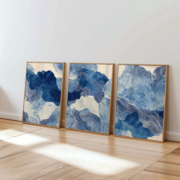 Indigo Abstract Wall Art Modern Blue Line Art Minimalist Triptych Decor Set 3 Stretched Canvas 8x12