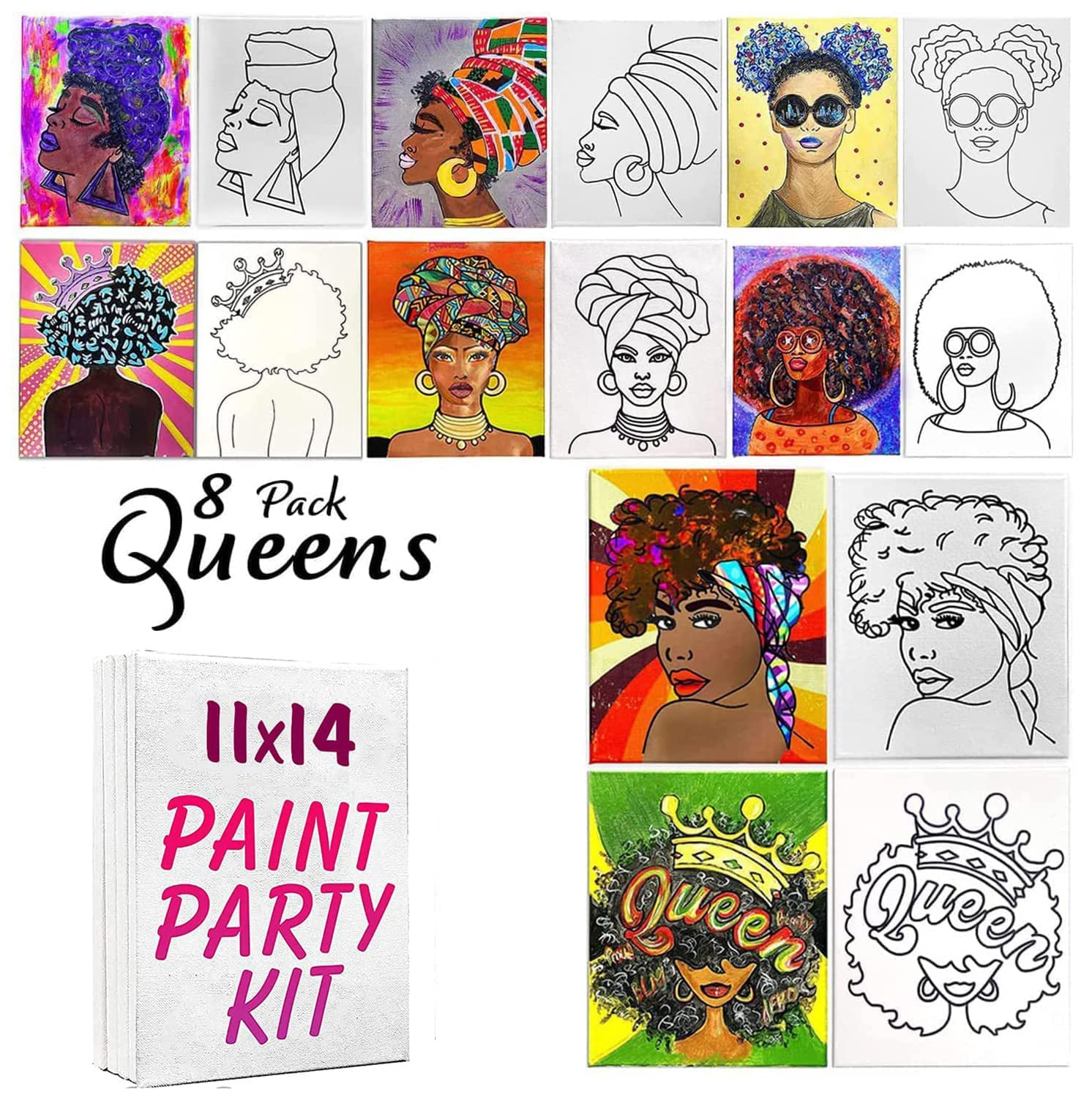 Indigo Art Studio Pre Drawn Canvas Paint Kit for Adults Kids Couples | 8 PACK Discounted Bundle | Afro Queen #5 Retro | DIY Birthday Gift & Sip and Paint With Twist Party Favor (11x14 Inches)