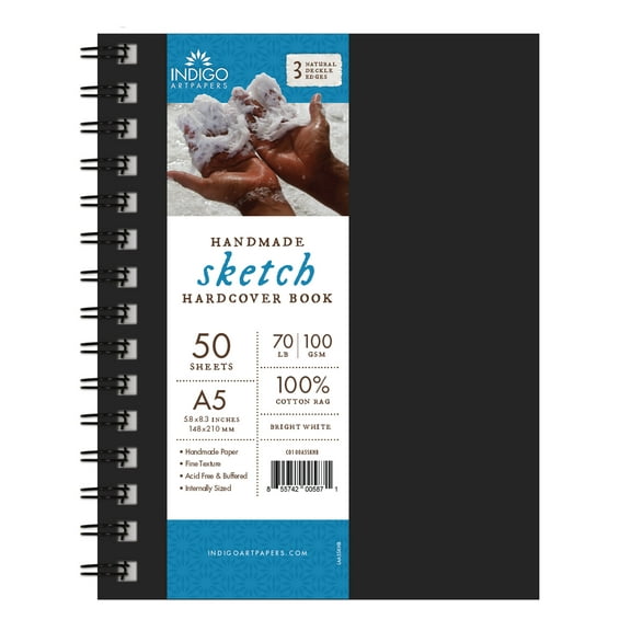 Indigo Artpapers A5/5.8" x 8.3" Sketch Hardcover Book, 100% Cotton Rag Handmade Paper, 70 lb./100 GSM, 50 Sheets /Book, 1 Each